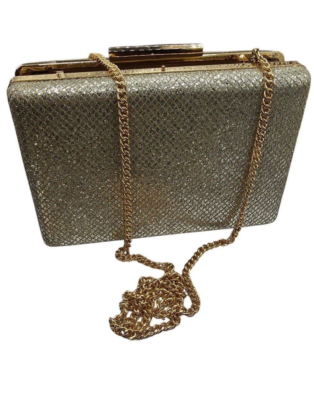 Gold Silver Glitter Evening Box Clutch Bag Chain Strap Purse